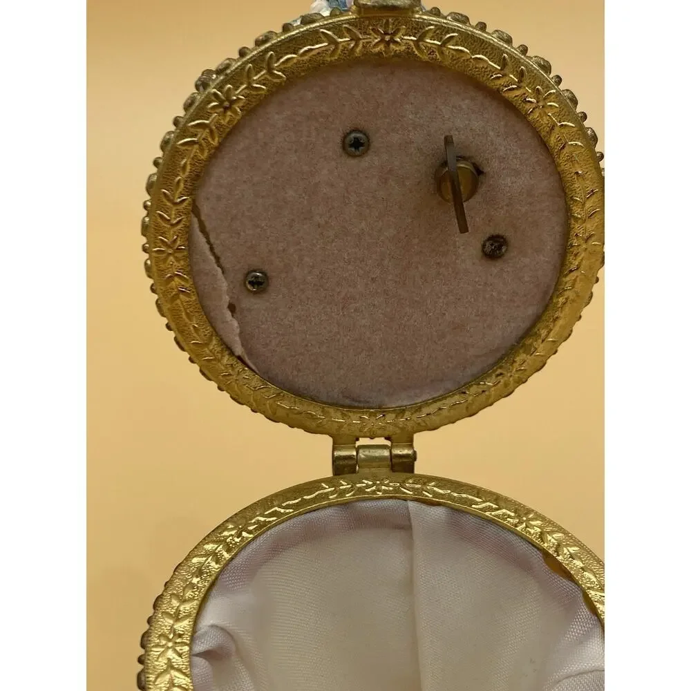 Vintage Egg Shaped Floral Metal Jewelry Box w/ Hinged Lid, Fabric Lined Interior